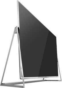 Téléviseur Panasonic TX-50DX800E, vue de profil, écran noir, cadre argenté fin, pied en A argenté