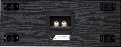 Fyne Audio F300C centralhøjttaler i sort træ, bagside, højttaler-stik, kontakt, modelskilt