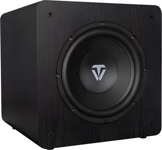 Tonewinner SW-D2000 sort subwooferkasse i træfinish, frontmonteret cirkulær højttaler med sølvfarvet T-logo