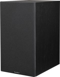 Diffusore da scaffale Paradigm Premier 220B v2 nero, vista a tre quarti con griglia frontale e lato con finitura in legno nero