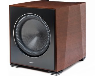 Subwoofer Paradigm XR 13 w kolorze orzechowym, sześcienna obudowa, okrągły głośnik, błyszczące czarne nóżki