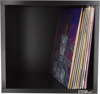 Sort opbevaringsmøbel Vinyl Box 120 fra Enova HIFI med farvede vinylplader, set forfra
