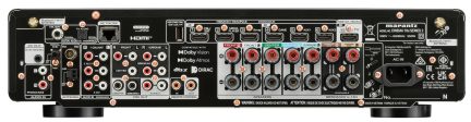Bagside af Marantz Cinema 70s hjemmebiografforstærker med HDMI-porte, højttalerterminaler og lydindgange