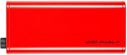 Bærbar iFi Audio iDSD Diablo audio-konverter i dyb rød farve, set forfra, med en aflang, horisontal rektangulær form