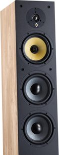Sloupcový reproduktor Davis Acoustics Ariane 7 v světlém dubu, černý přední panel, výškový reproduktor s kopulí, středový reproduktor žlutý, dva basové reproduktory, pohled zepředu 3/4