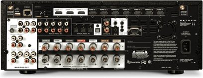 Anthem MRX 740 8K sort hjemmebiograf-forstærker, frontpanel, mange stik og knapper, central skærm, set forfra