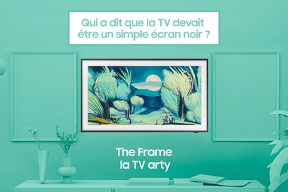 Televisore ad alta definizione Samsung TQ65LS03FAU 2025 vista frontale con cornice bianca che mostra un'opera d'arte su parete verde
