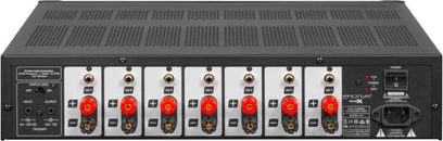 7-kanals effektforstærker Emotiva BasX A-7, sort frontpanel med 7 røde knapper, sølvfarvede stik og kontroller