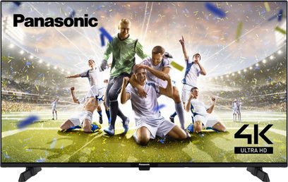 Panasonic TX-43MX610E 4K Ultra HD-fladskærm, der viser et fodboldhold, der fejrer på en bane, set forfra
