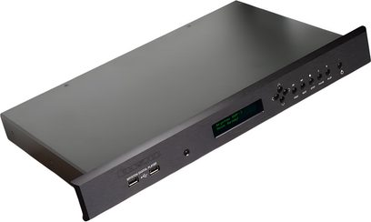 Player audio de rețea Bryston BDP-3 negru, șasiu plat, panou frontal din aluminiu cu ecran central, butoane și porturi USB