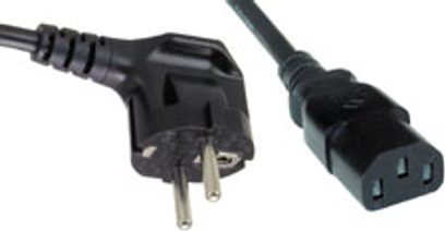 Sort IEC-netledning fra Lindy, med 90° vinklet han- og hunstik, profilvisning på hvid baggrund