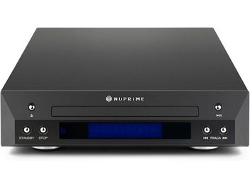Nuprime CDT-10 juodas CD grotuvas, priekinis vaizdas, matinė juoda priekinė dalis su mėlynu ekranu, sidabriniai mygtukai priekyje