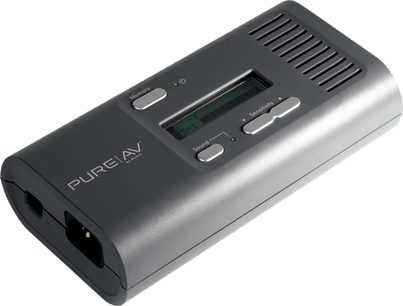 Belkin AP00002 mørkegrå linjeanalysator, set forfra, med LCD-skærm, knapper og porte øverst