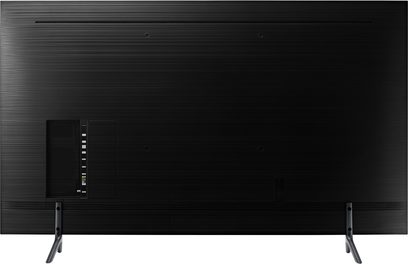 Samsung UE49NU7105 49 tommer fladskærms-LED-TV, set forfra, slukket, på metalstativ, smal sort ramme