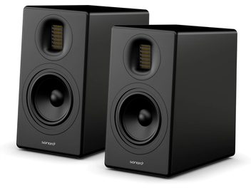 Diffusori da scaffale Sonoro Orchestra Slim Gen 2 neri, cabinet rettangolare, woofer rotondo e tweeter a nastro verticale