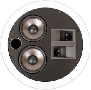 Klipsch KS-7502-THX rund, hvid indbygningsvenlig højttaler med to koncentriske diskanthøjttalere og en central diskant, set forfra