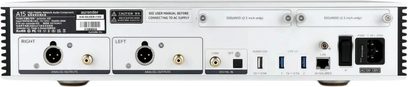 Aurender A15 sølv nettverkslydspiller, bakside med analoge XLR-utganger, USB, LAN og strømforsyning