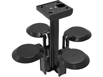 Supporto da soffitto nero per diffusori, composto da una base rettangolare e quattro bracci articolati con supporti circolari