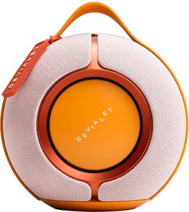 Портативна Bluetooth-колонка DEVIALET Mania рожева та помаранчева, вигляд спереду, круглий формат із вбудованою ручкою