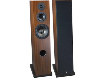 Акустична колонка Davis Acoustics Courbet n°8 з горіхового дерева, вид спереду та з трьох чвертей, 3 динаміки, кругле фазоінверторне отвір, знімна чорна решітка