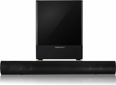 Sort Harman Kardon SB16 soundbar set forfra, placeret på et skinnende sort stativ