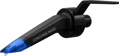 DJ-pladespillercelle fra Ortofon Concorde Music Blue, sort kabinet, blå nål, set fra tre kvarter vinkel