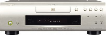 Reproductor Blu-ray 4K Denon DVD-3800BD plateado, panel frontal con pantalla, botones y conexiones, vista frontal