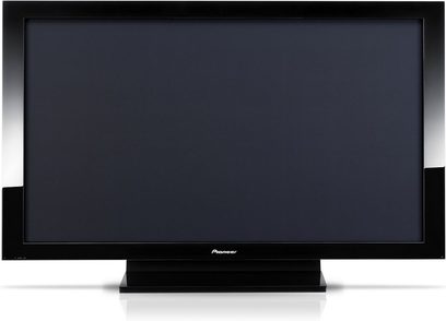 Plochý televizor Pioneer PDP-LX5090H v černé barvě, vypnutý, zepředu, na jednobarevném černém pozadí