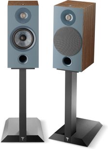 Two Focal Chora 806 dark gray floorstanding speakers with visible drivers, shown from the front on black stands