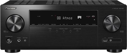 Pioneer VSX-935 sort home cinema-forstærker, rektangulær front, centralt LCD-display, knapper, drejeknapper, porte