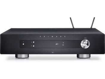 Primare I25 Prisma DM36 Stereo-Vollverstärker schwarz, gebürstete Aluminiumfront, Bedienelemente, LED-Display, Anschlüsse