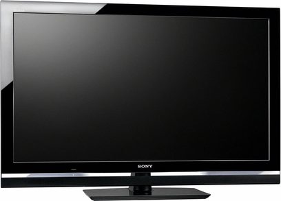 Televisor Sony KDL-32V5500 apagado, pantalla plana negra brillante, marco negro delgado, base negra, vista frontal