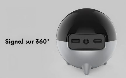 360° sinyal yayılımına sahip siyah ve gümüş renkli küresel Bluetooth mini hoparlör, arka görünüm ve bağlantı portları