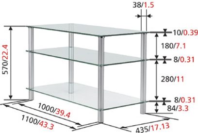 Vogel's BFP110 transparent glasaudio-/videomøbel med 3 niveauer med dimensioner i millimeter på teknisk diagram