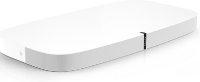 Sonos PLAYBASE valge heliriba, ristkülikukujuline, õhuke, perforeeritud metallist võre, hall logo, eestvaade