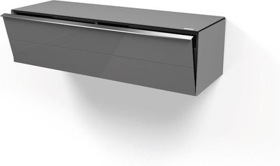 Lavt TV-møbel Spectral Scala SCH1100 i sort lak, 2 skuffer, set forfra i let nedadgående vinkel