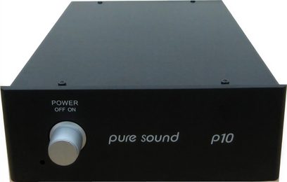 Puresound P10 sort forstærker, set forfra, sølvfarvet drejeknap, indskrift "POWER OFF ON", logo "pure sound p10"