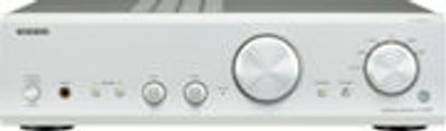 Onkyo A-9355 stereo hi-fi forstærker, delvist forfra, sølvfarvet frontpanel med knapper og drejeknapper