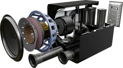 SVS PB17-Ultra subwoofer R|Evolution sort ask, eksploderet visning, synlige interne komponenter, cylindriske rør, rektangulært kabinet