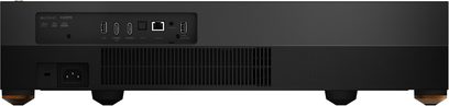 Videoproiector Optoma UHZ65UST negru, vedere frontală, cu porturi de conectare și butoane de control pe panoul din spate