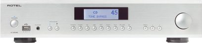 Amplificatore hi-fi stereo Rotel A12 MKII argento, vista frontale, display LCD blu che indica "CD TONE BYPASS 45", pulsanti e prese