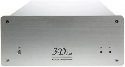 Lettore audio di rete 3D Lab Nano player platinum V5 in alluminio spazzolato, vista frontale, 2 manopole e 2 LED sulla parte anteriore