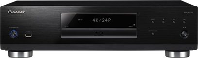 Pioneer BDP-LX58 4K Blu-ray-afspiller set forfra i sort, blåt display, børstet aluminiumsfront