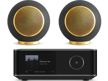 Elipson Planet L fekete és arany hangszórópár fekete képernyős Hi-Fi audiolejátszóval, elölnézetben