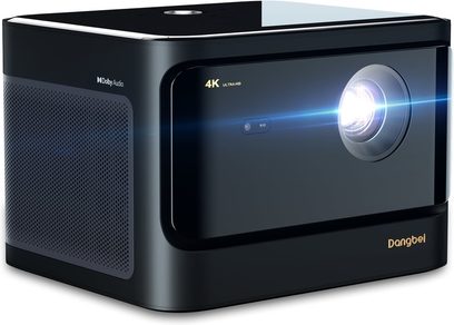 Proyector Dangbei Mars Pro 4K negro, compacto, lente redonda, botones táctiles azules, rejillas de ventilación