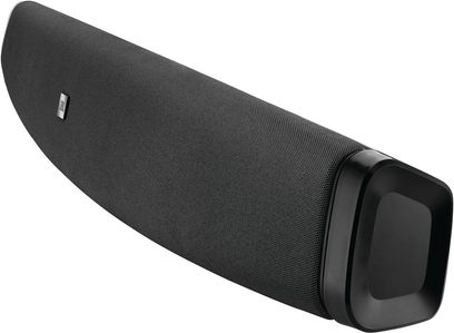 JBL SB100 black soundbar, side view, elongated shape with rounded ends, acoustic grille on the front