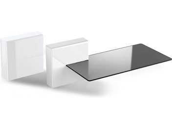 Three white Meliconi Ghost Cubes Shelf modules, rectangular, hollow, with black shelf, front view