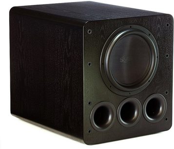 SVS PB-12 Plus sort askebøg subwoofer, front, 3 runde højttalere, rektangulært trækabinet