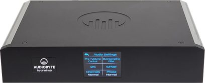 Síťový audio přehrávač Audiobyte Hydra Digital HUB v černé barvě, pohled zepředu, s logem, tlačítky a kontrolkami na horní straně
