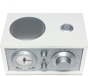 Tafelradio Tivoli Model Three BT in wit es en zilver, bovenaanzicht, luidsprekerrooster, klok, grote knop